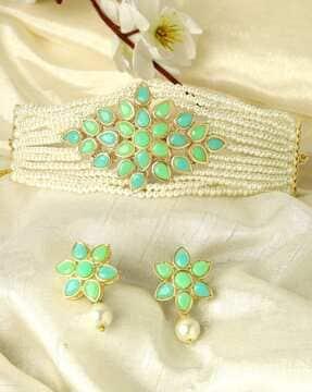 women gold-plated stone-studded necklace & earrings set