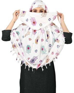 women graphic print scarves with tassels
