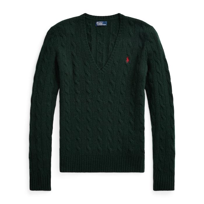 women green cable-knit wool-cashmere v-neck sweater