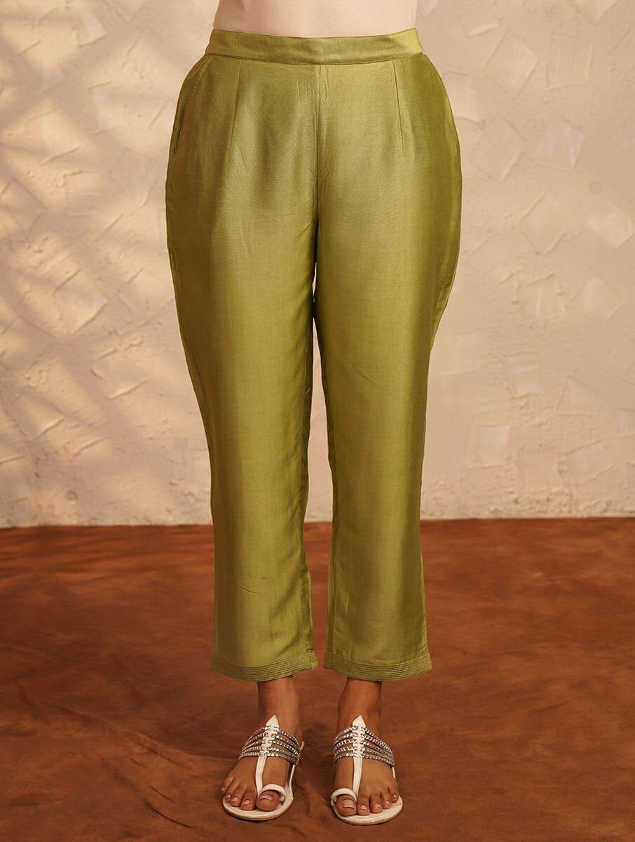 women green chanderi silk solid ankle length slim fit pants