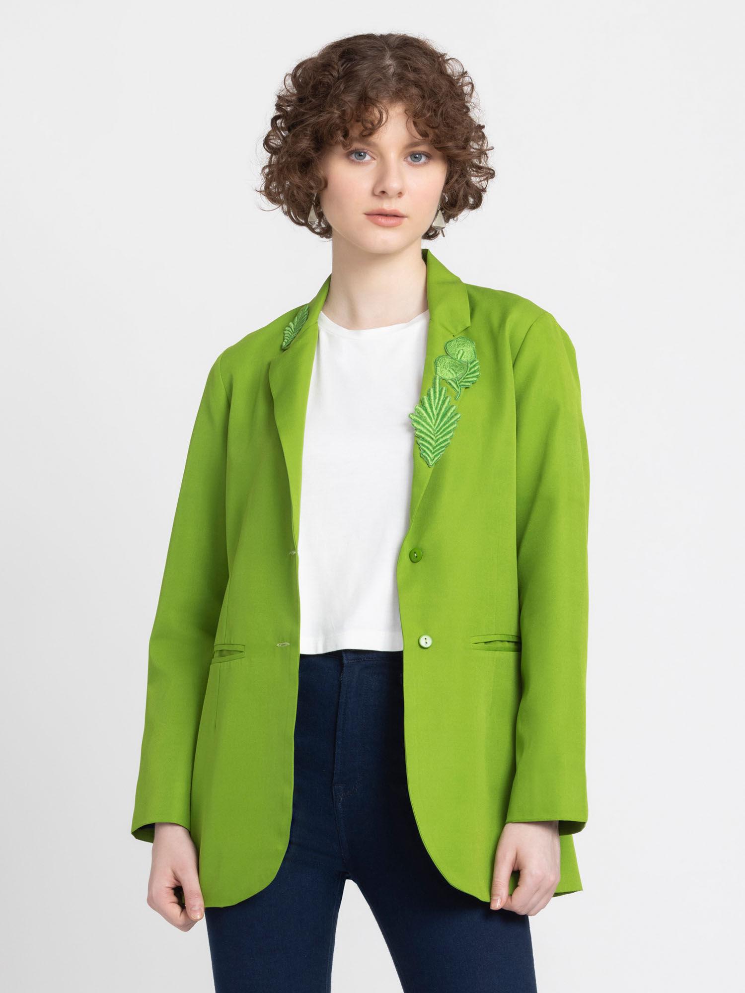 women green embroidered lapel collar full sleeves casual blazer