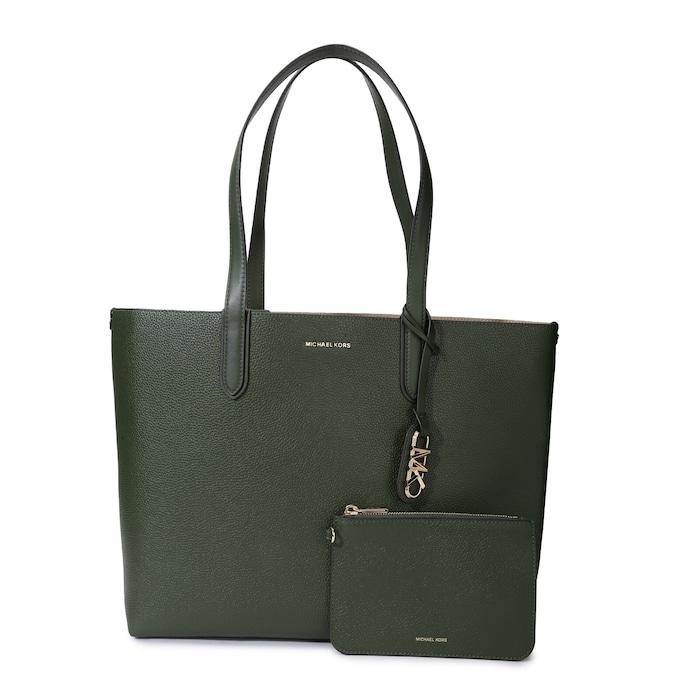 women green solid reversible leather tote bag with pouch