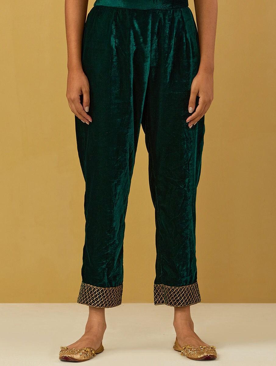 women green velvet embroidered ankle length regular fit pants