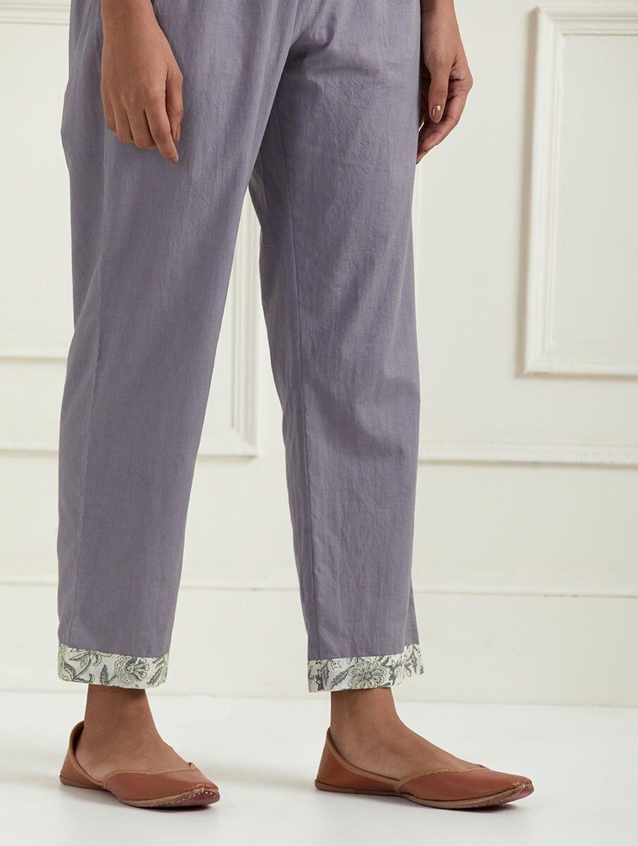 women grey cotton solid ankle length regular fit pants