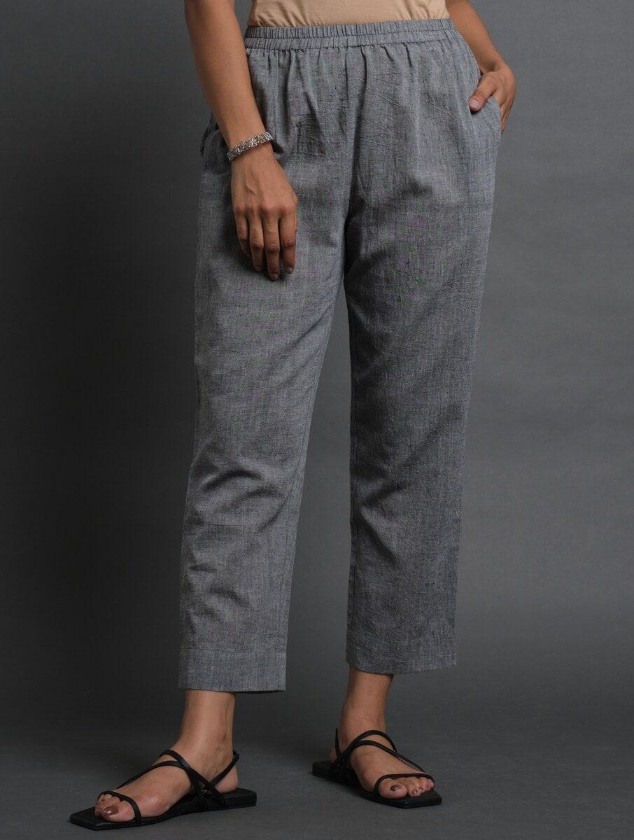 women grey cotton solid loose fit pants