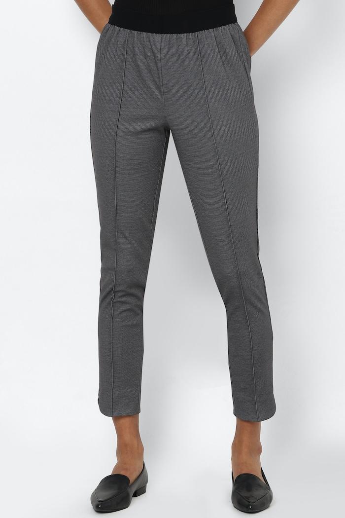 women grey regular fit textured casual trousers