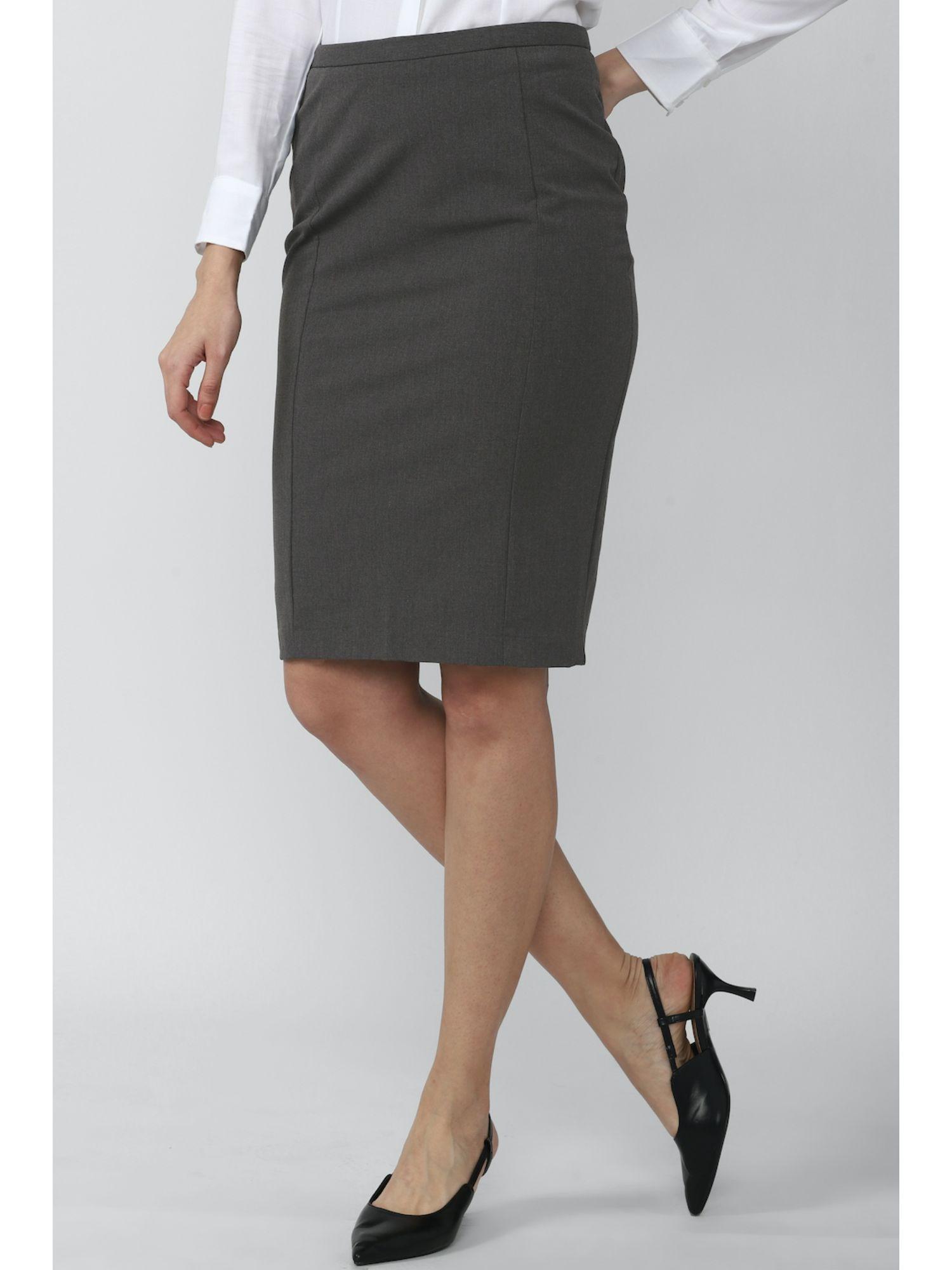 women grey solid casual knee length skirt