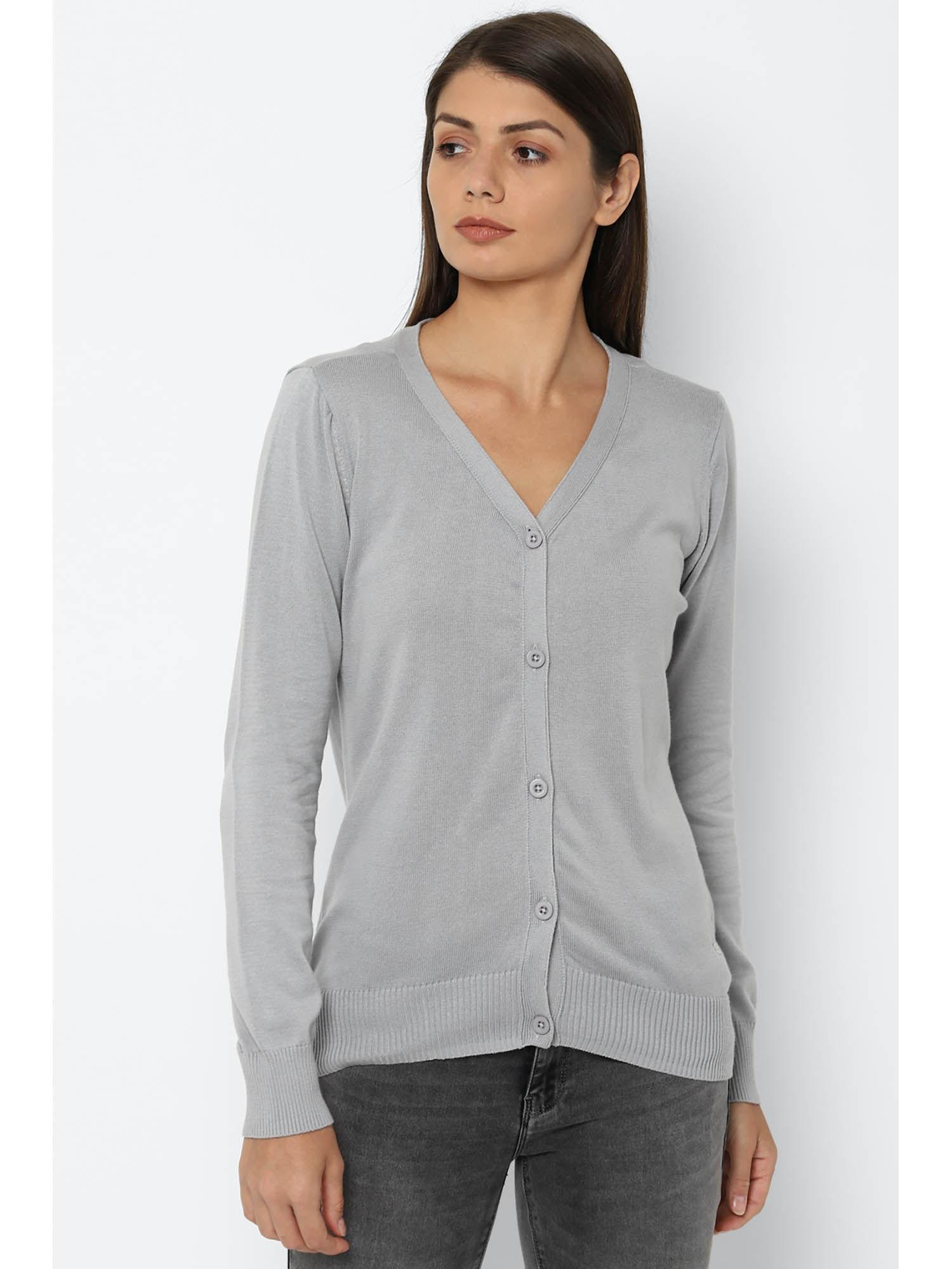 women grey solid v neck casual cardigan