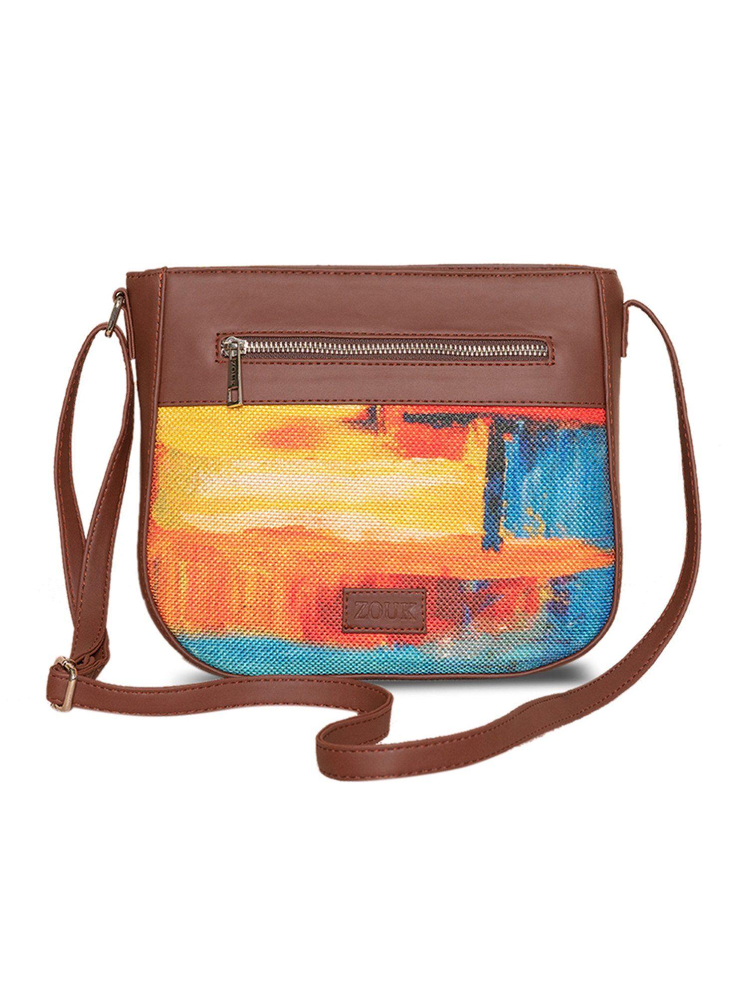 women handcrafted abstract printed u shaped sling bag-multi-color