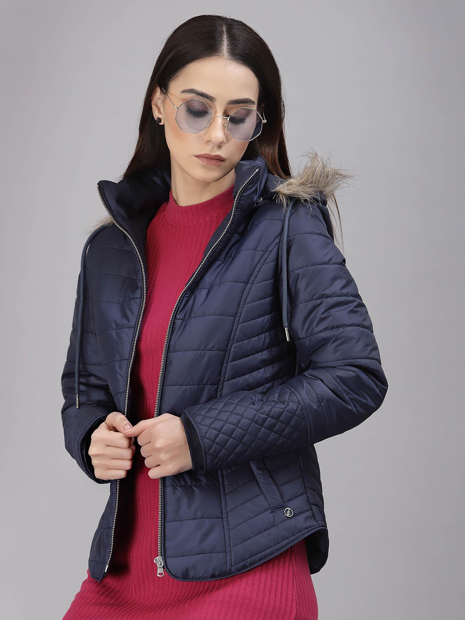 women hooded neck regular full sleeves polyester fabric navy jackets