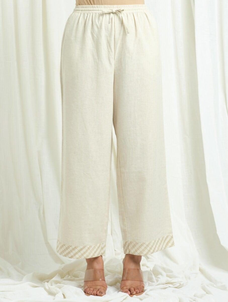 women ivory cotton linen regular loose fit pants