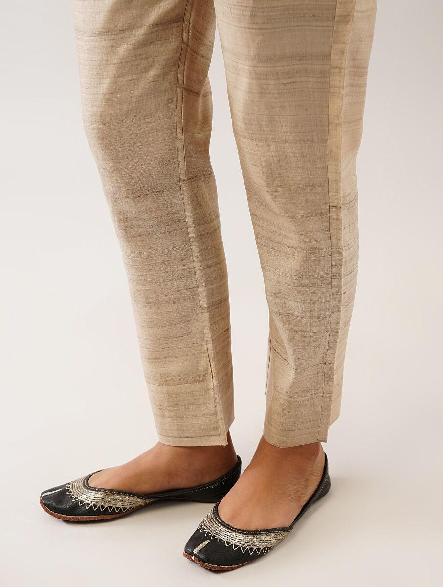 women ivory tussar solid ankle length regular fit pants