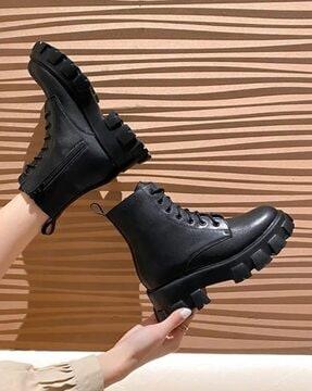 women lace-up ankle-length boots