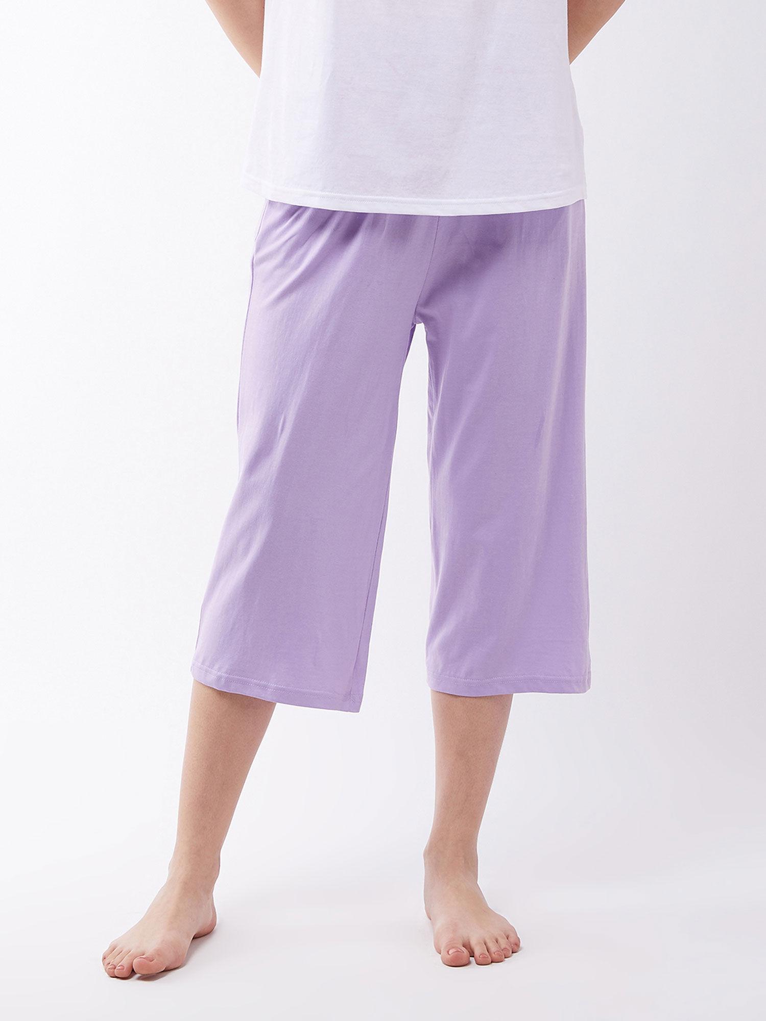 women lavender mid waist relaxed fit cropped length solid capri