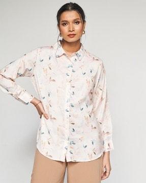 women leaf print loose fit shirt