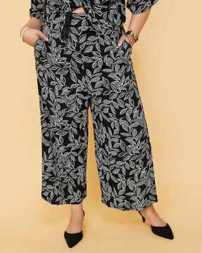 women leaf print straight fit trousers