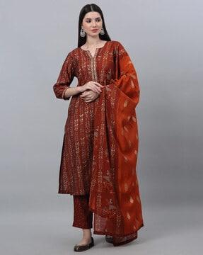 women leaf print straight kurta suit set