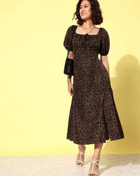 women leopard print a-line dress with puffed sleeves