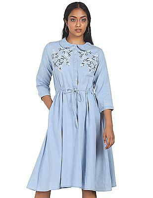 women light blue peter pan collar embroidered shirt dress