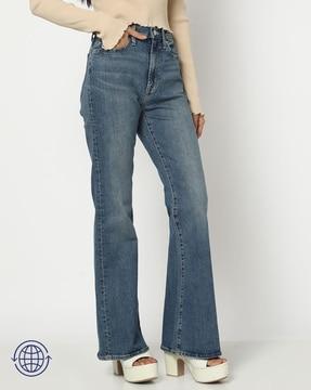 women lightly washed straight fit jeans