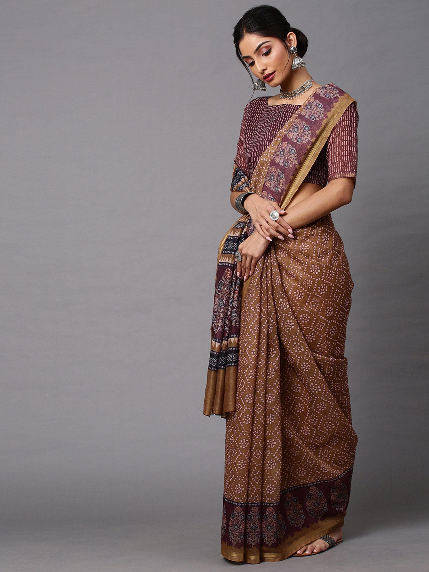 women linen blend beige printed celebrity saree with unstitched blouse