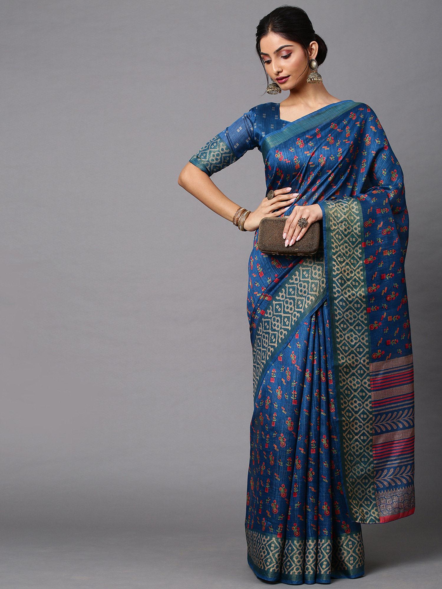 women linen blend blue printed celebrity saree with unstitched blouse