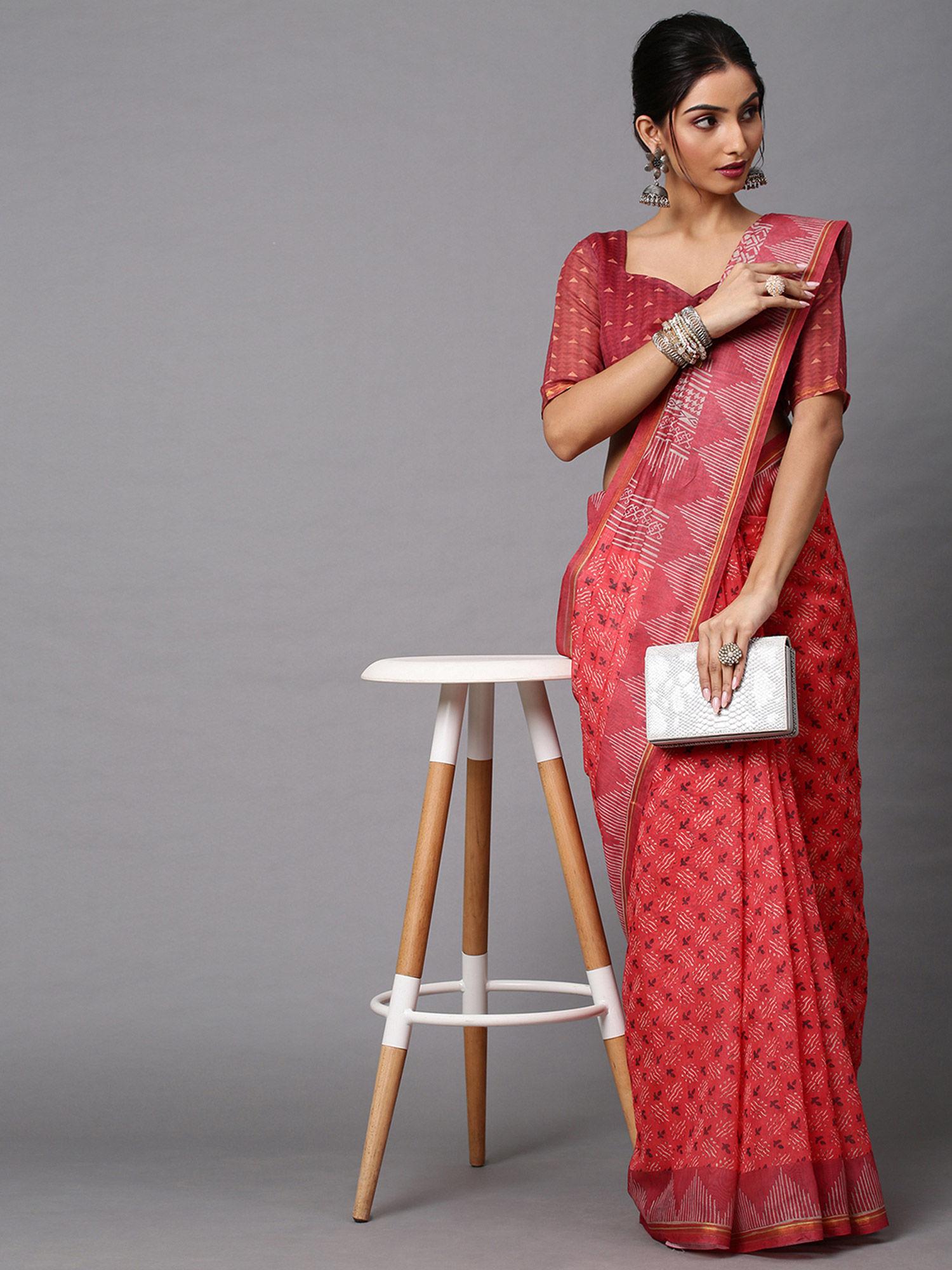women linen blend rust printed celebrity saree with unstitched blouse