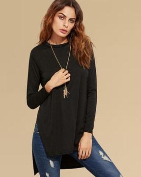 women loose fit high-neck top with high-low hem