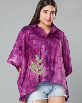 women loose fit leaf top with collar neck