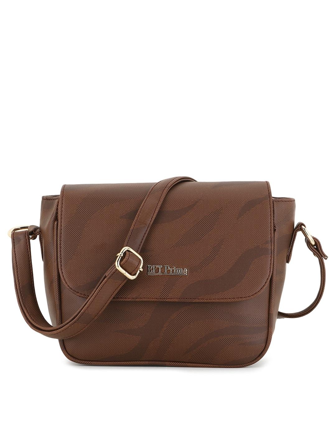 women marks brown pu structured sling bag with fringed