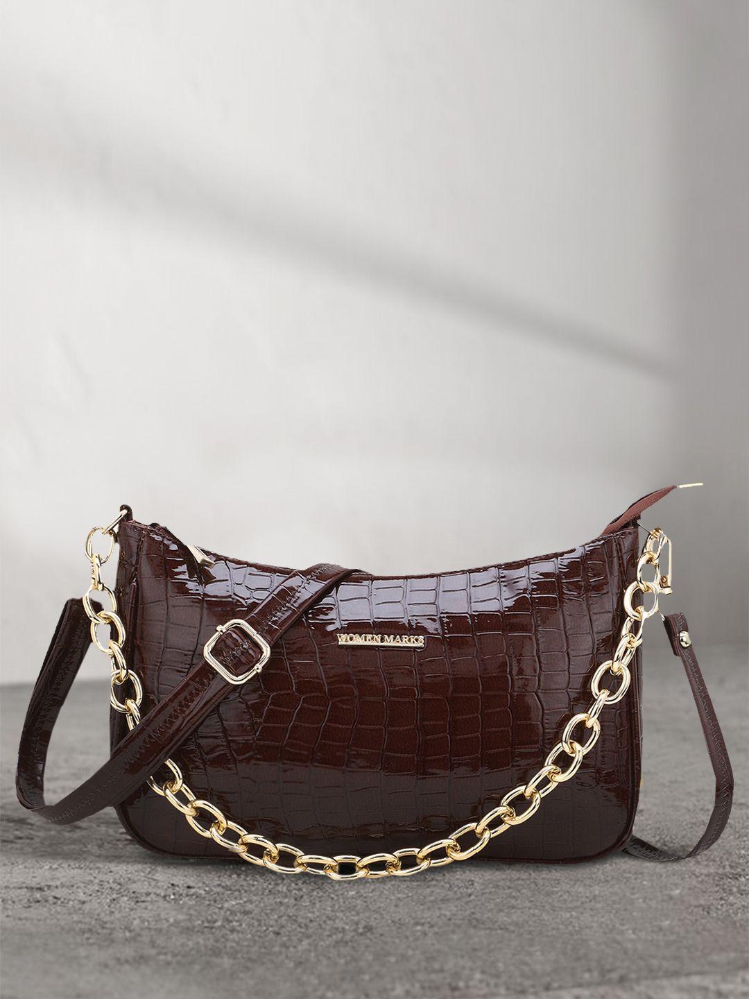 women marks coffee brown croc textured structured sling bag
