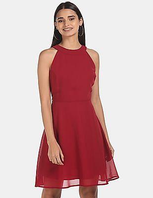 women maroon halter neck solid dress