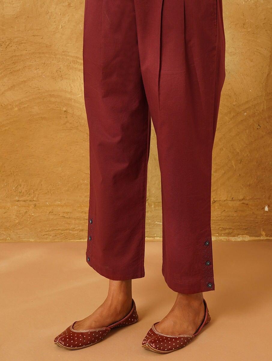 women maroon red cotton solid ankle length regular fit pants