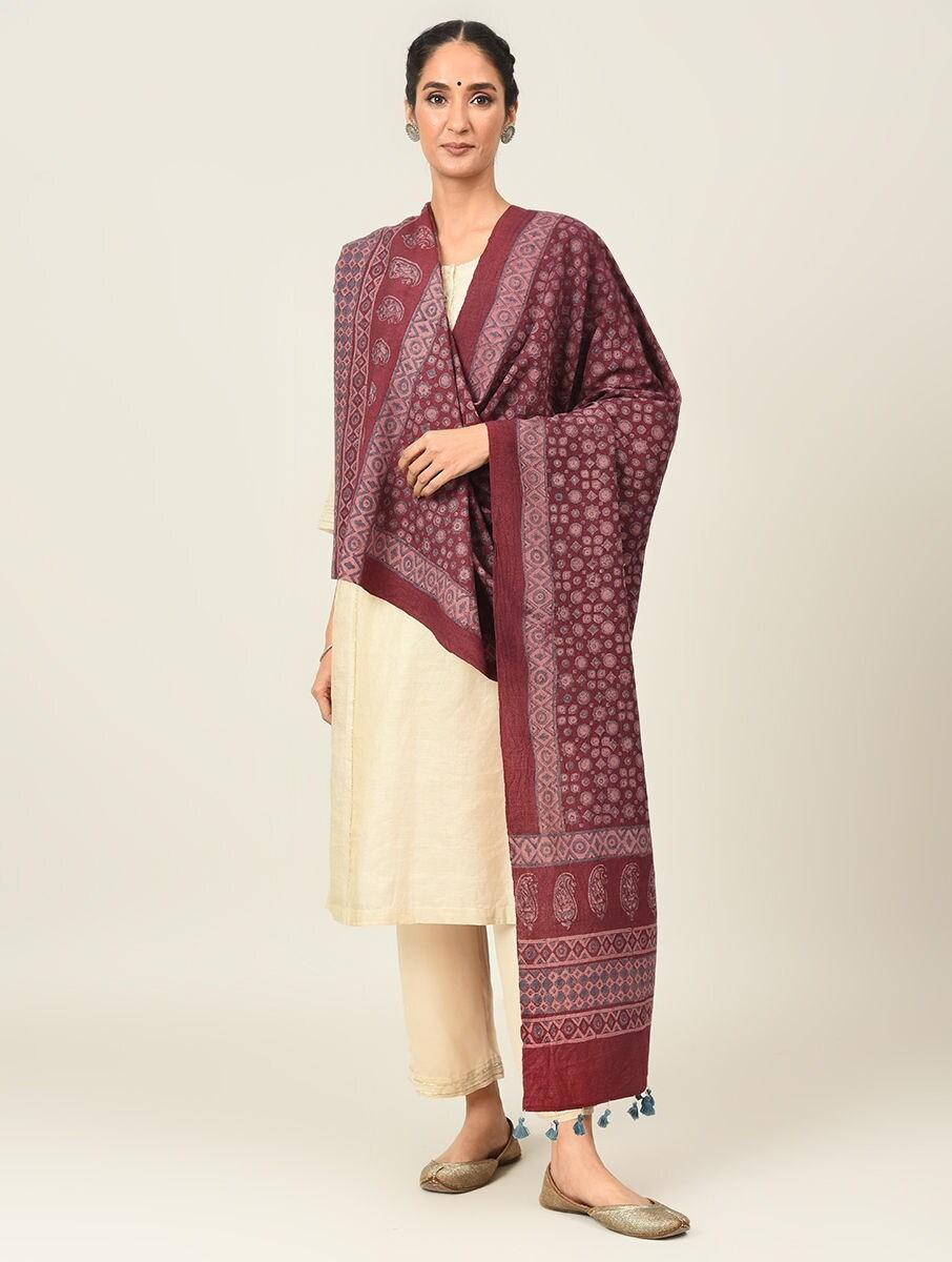 women maroon red wool ajrakh shawls