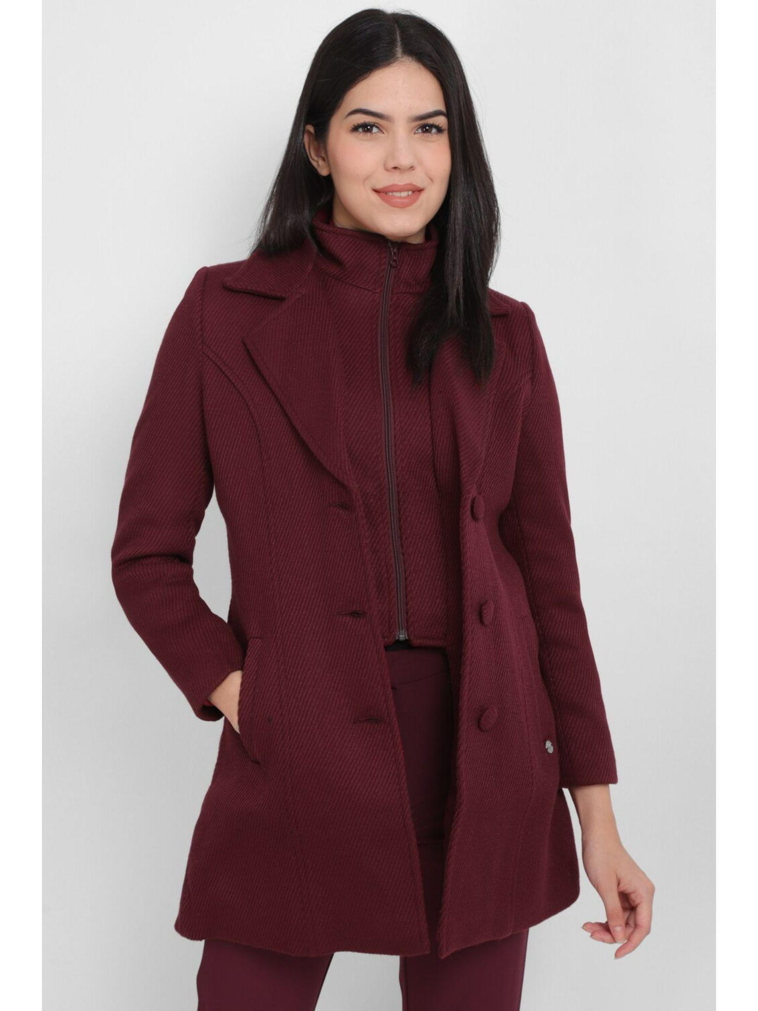 women maroon solid casual coat