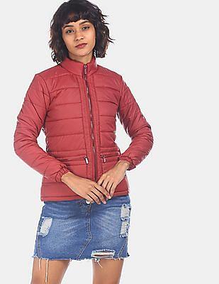 women maroon solid quilted jacket