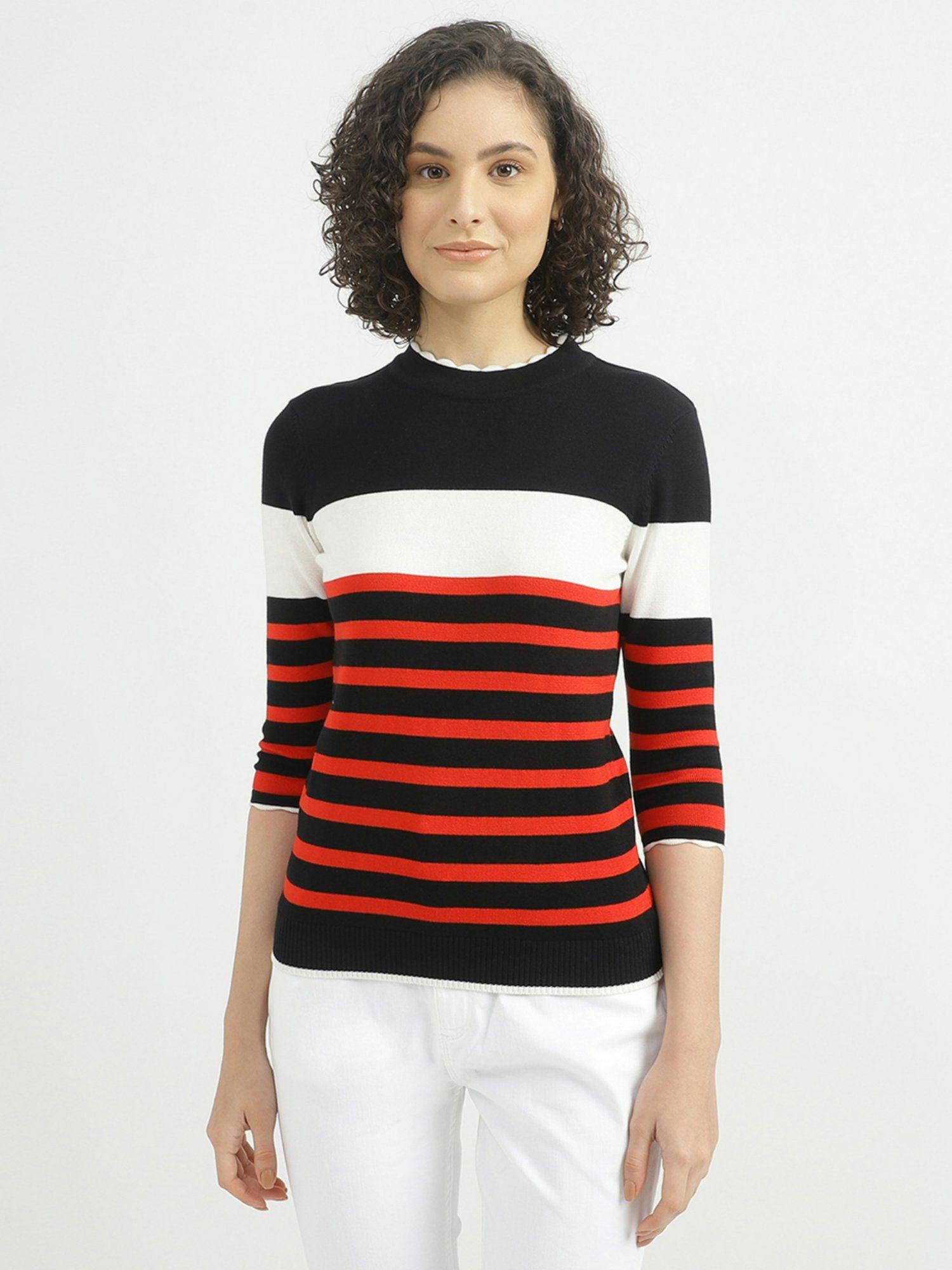 women multi-color striped round neck sweater
