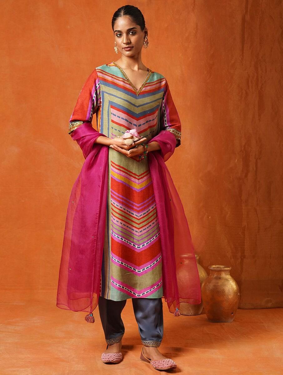 women multicolour hand embroidery v neck straight kurta with pants
