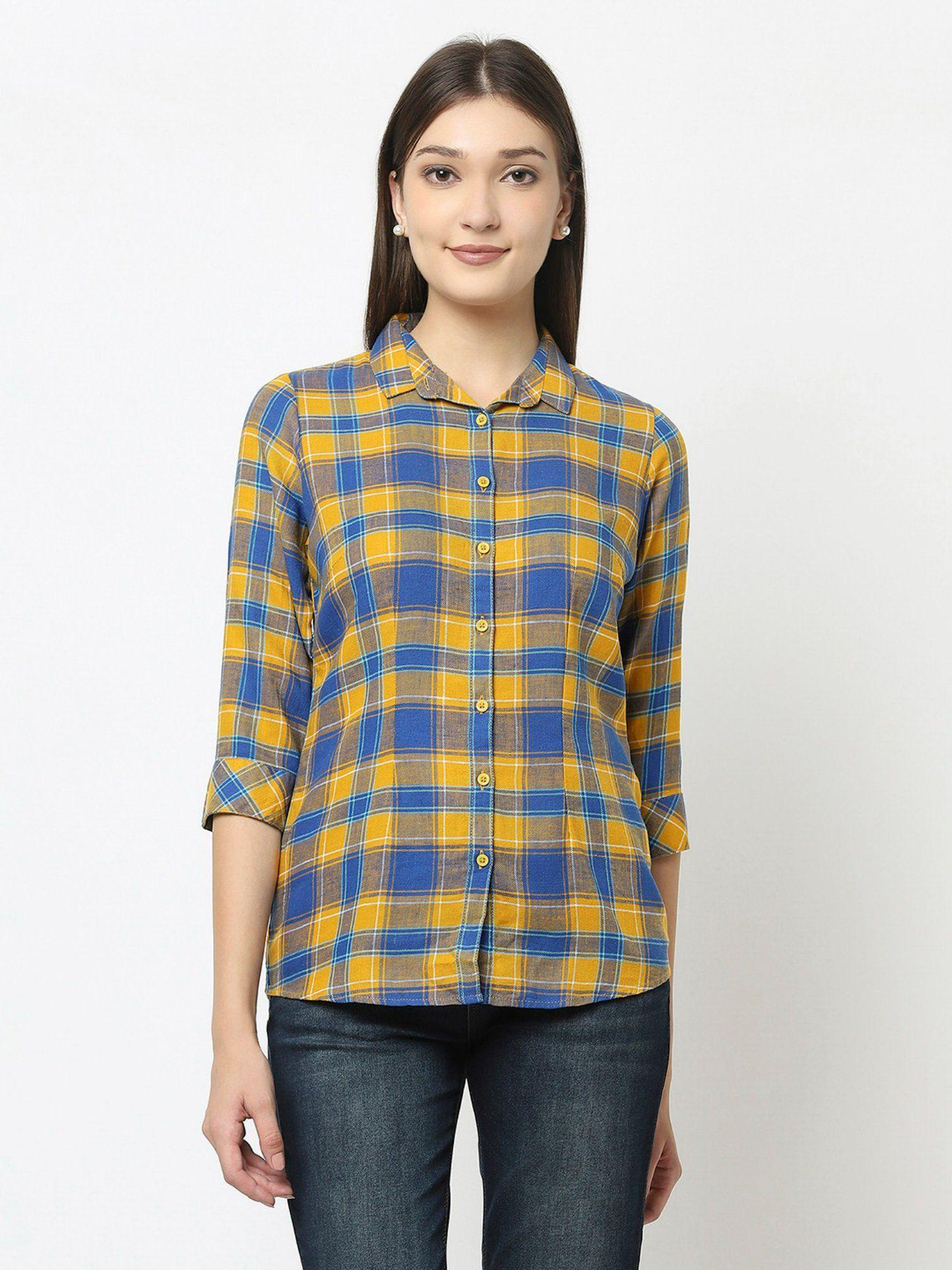 women mustard checked shirt in cotton blend