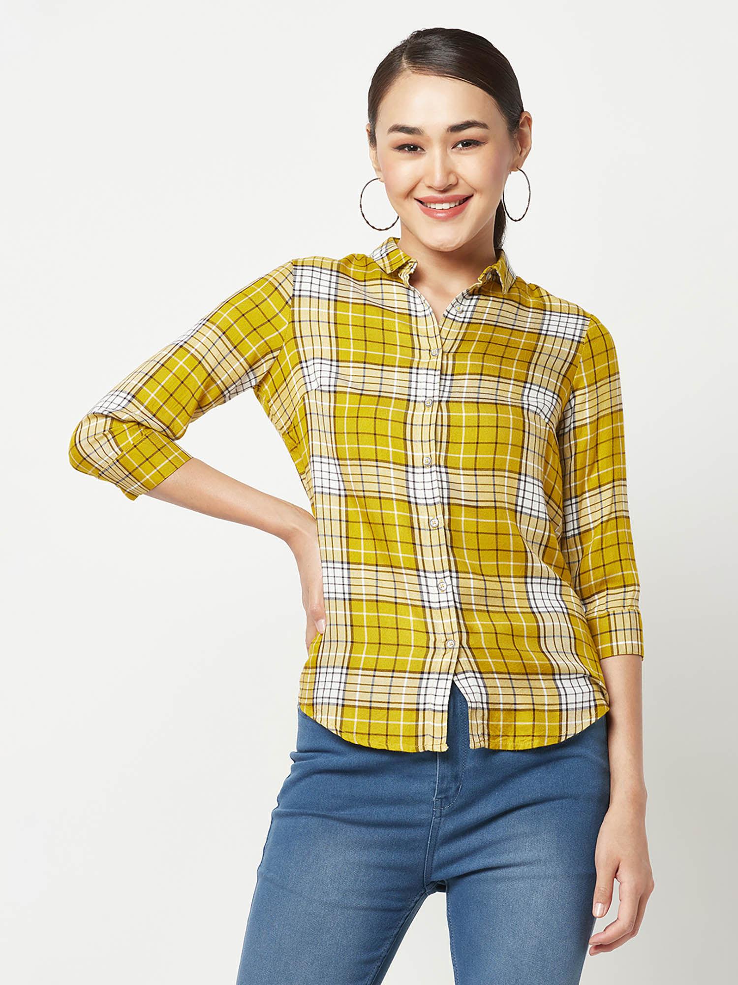 women mustard checked shirt