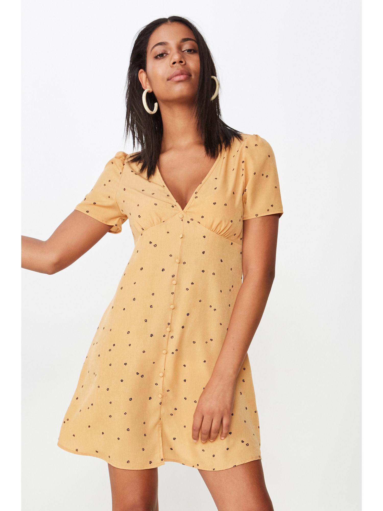 women mustard color woven dotti deep v puff sleeve mini dress