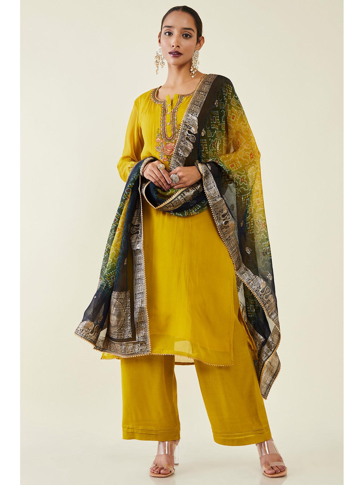 women mustard silk embroidered dress material (set of 3)