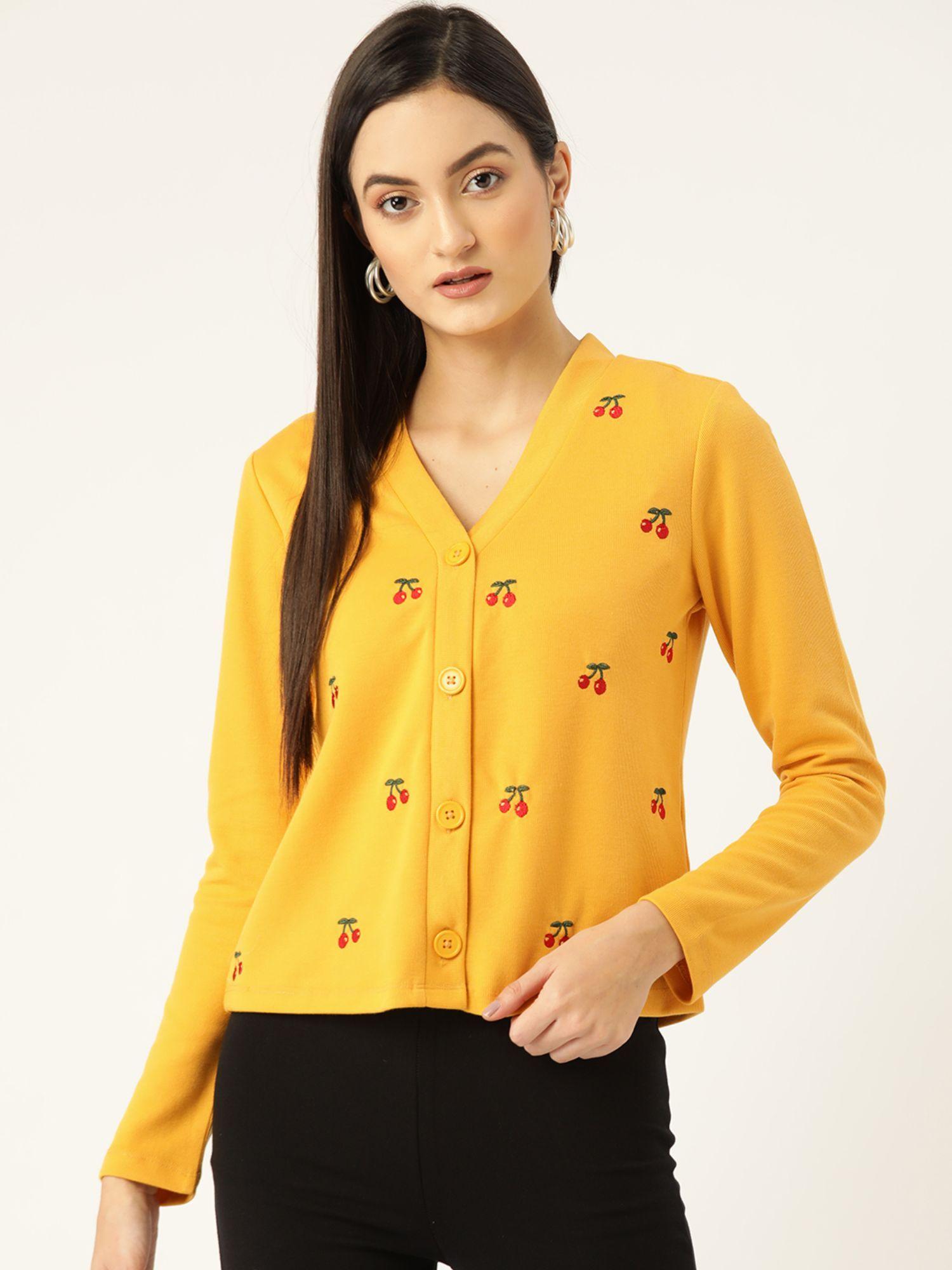 women mustard yellow embroidered cardigan sweater