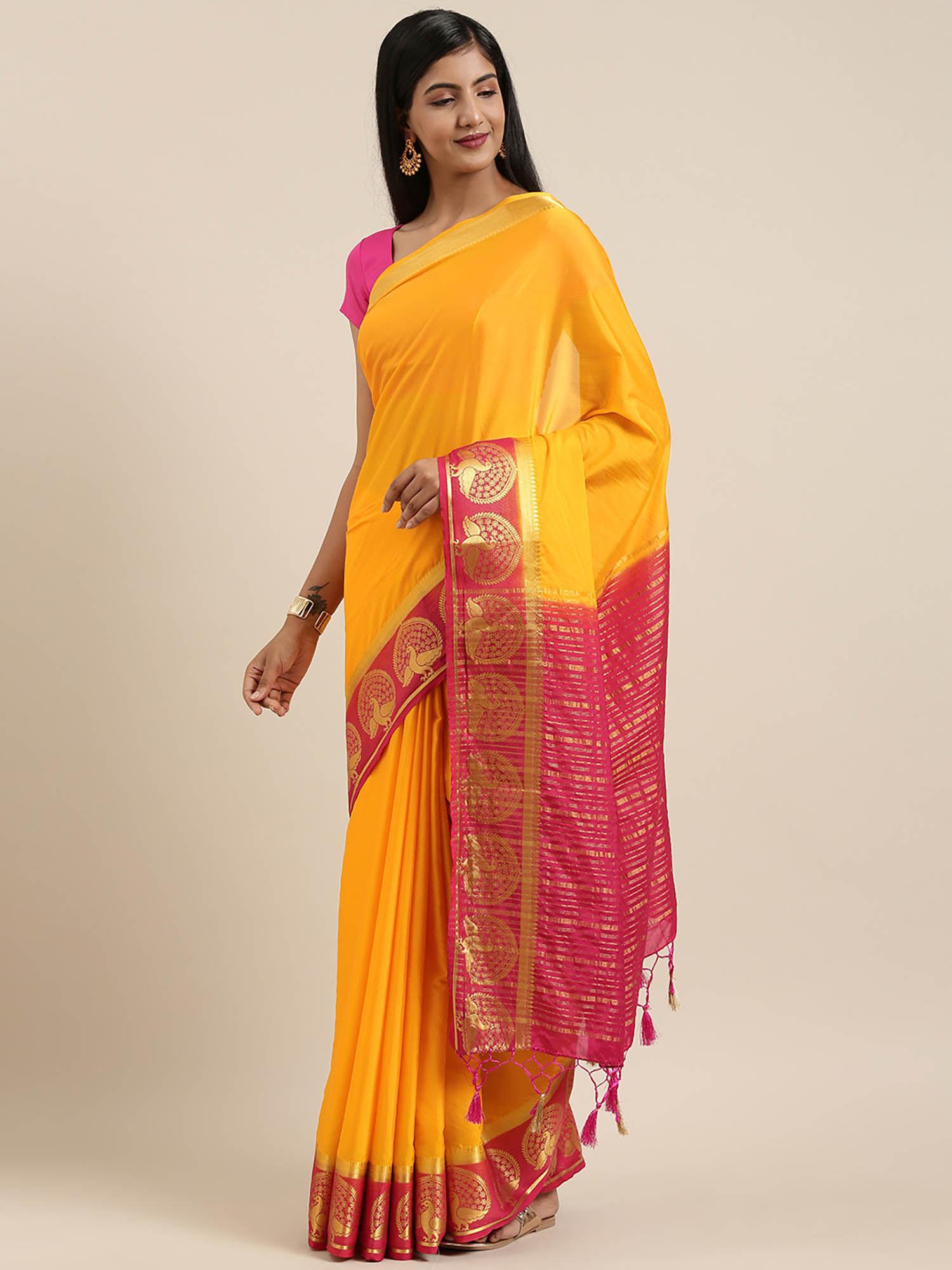 women mysore silk style crepe saree with unstitched blouse