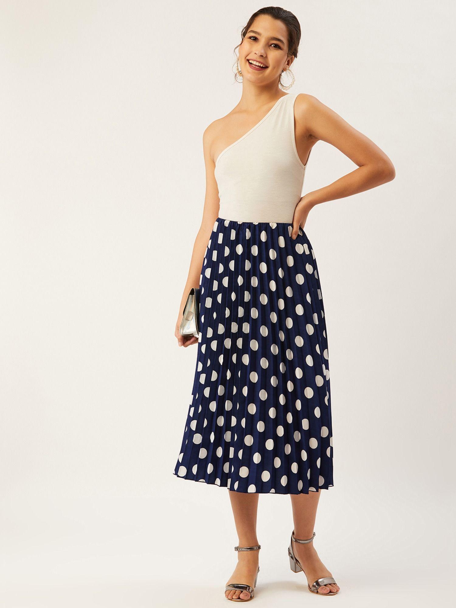 women navy blue & white polka dot printed pleated a-line midi skirt