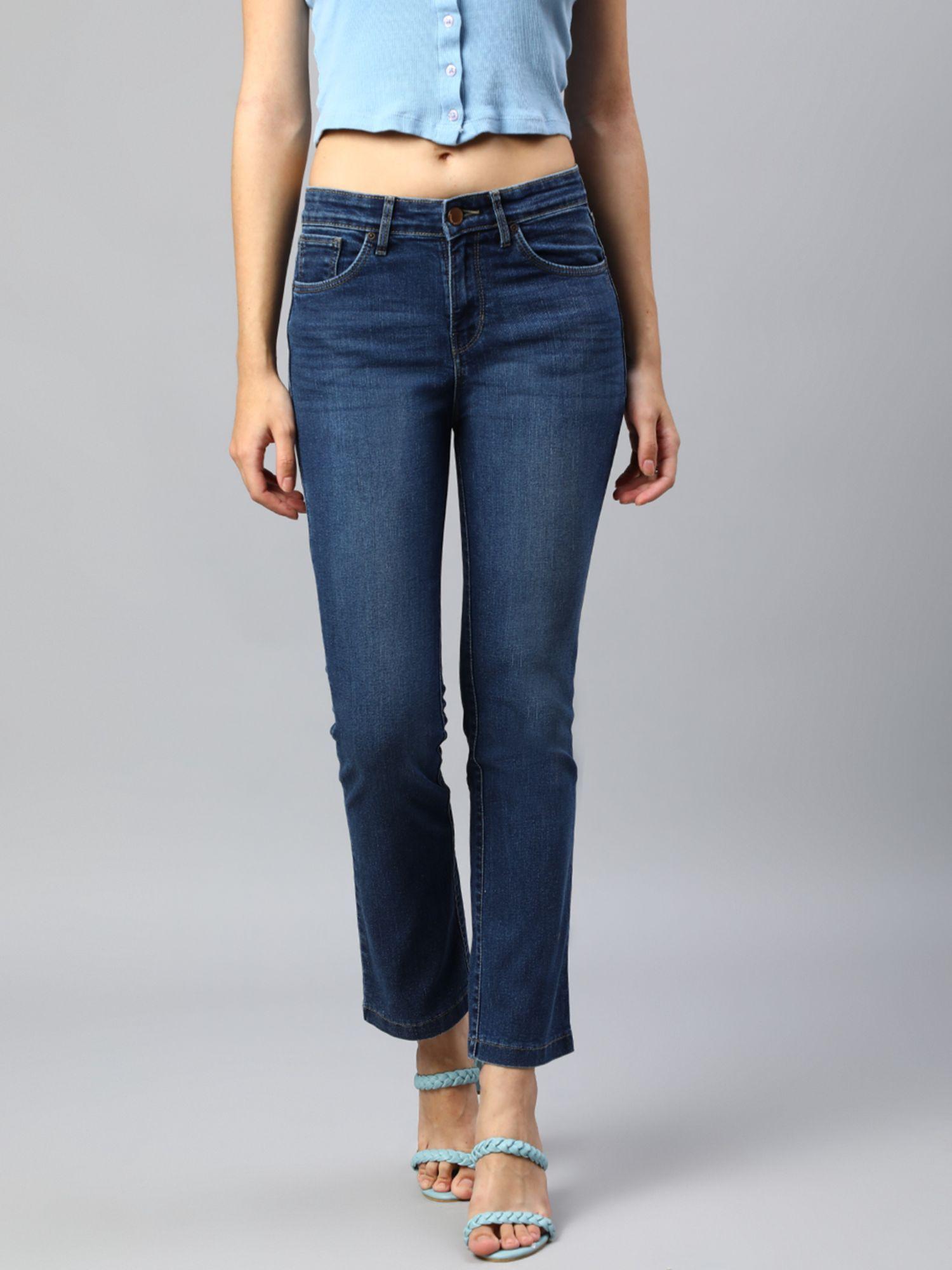 women navy blue comfort straight high rise stretchable jeans