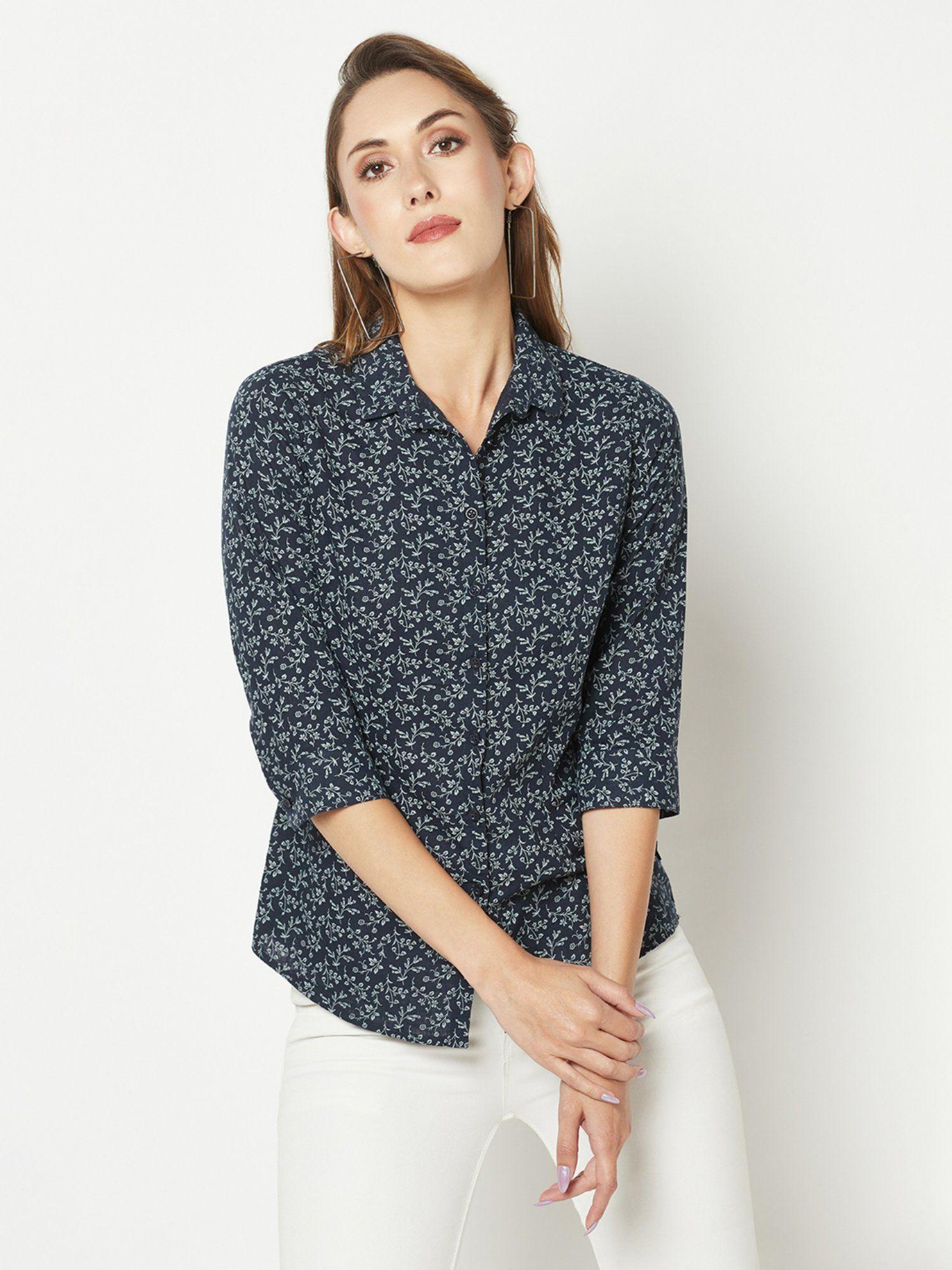 women navy blue floral shirt