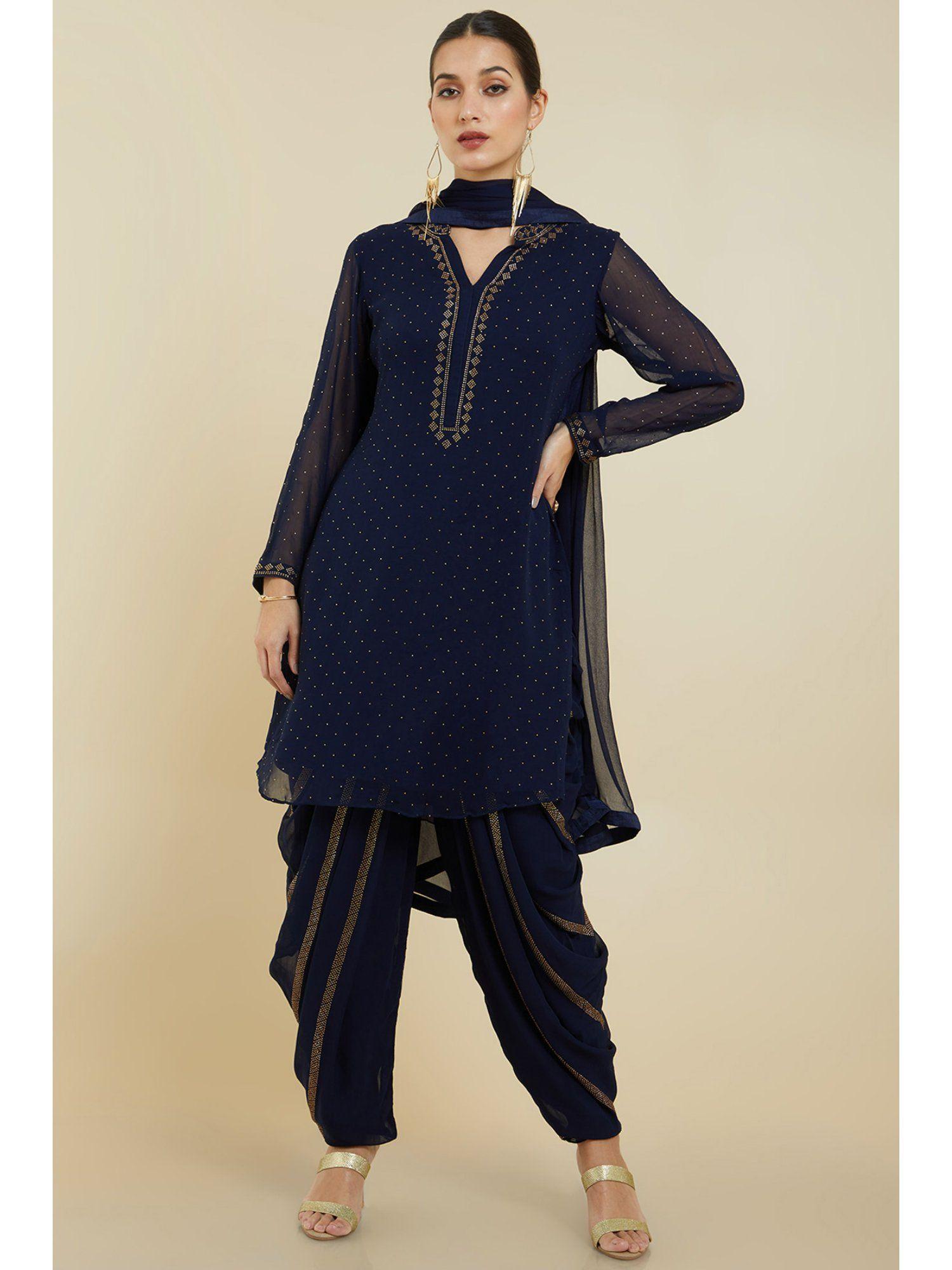 women navy blue georgette embellished & sequined dhoti (set of 3)