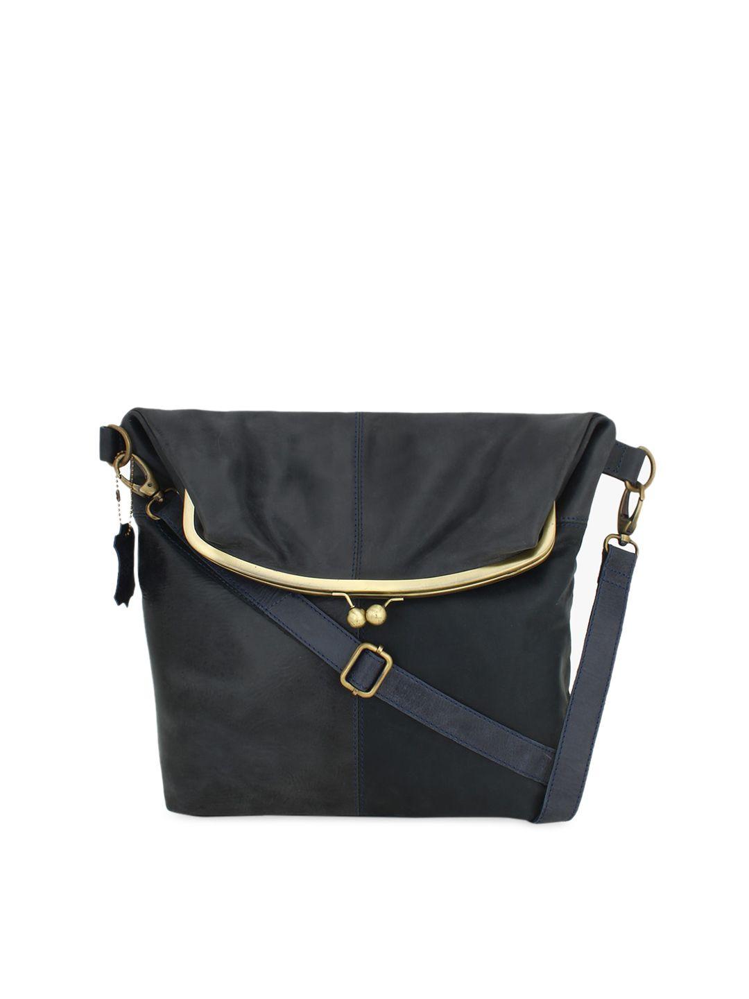 women navy blue solid  genuine leather messenger bag