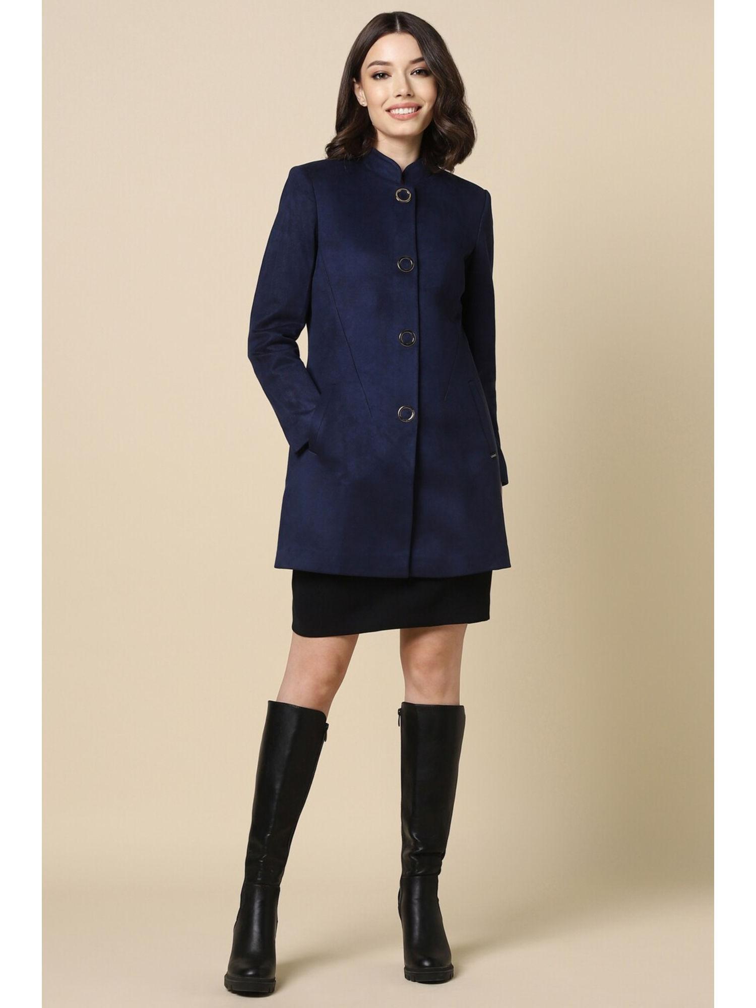 women navy blue solid casual coat